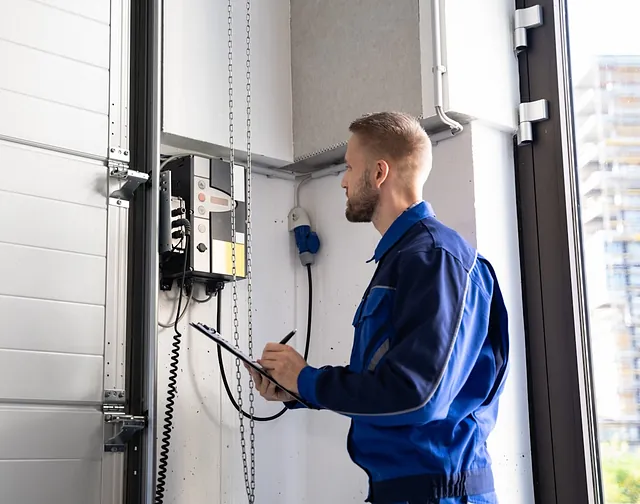 Mitarbeiter im blauen Overall von MKN Torservice Bremen führt eine Industrietor Reparatur durch.